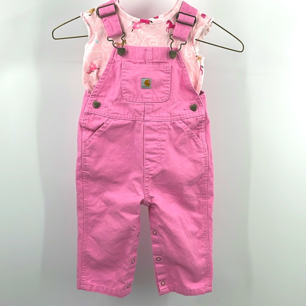 Carhartt Western Pink Overalls & Pony Print Ruffle Top 2-Piece Set Size 12M